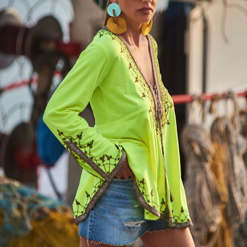 Majorelle caftan in bright fluorescent color with handmade embroidery, new, size S