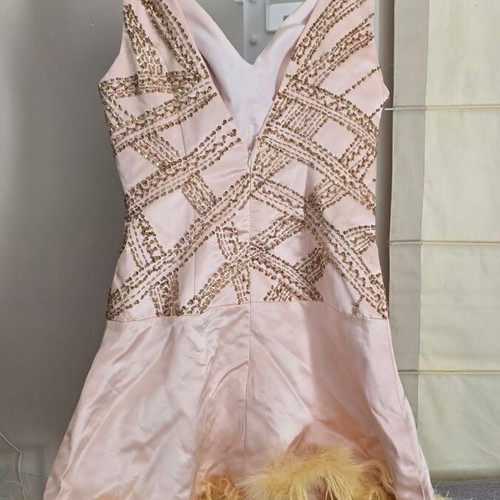 Satin dress salmon new with gold beads and marabou feather trim
