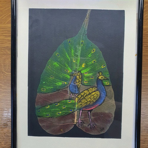 Handmade painted leaf like new, framed