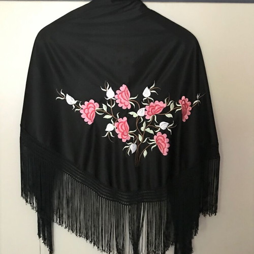 Spanish satin scarf with floral embroidery and fringes new