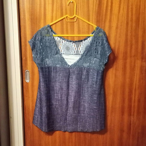 Be You sleeveless top with V-neck lace, like new, blue and gray, M-L