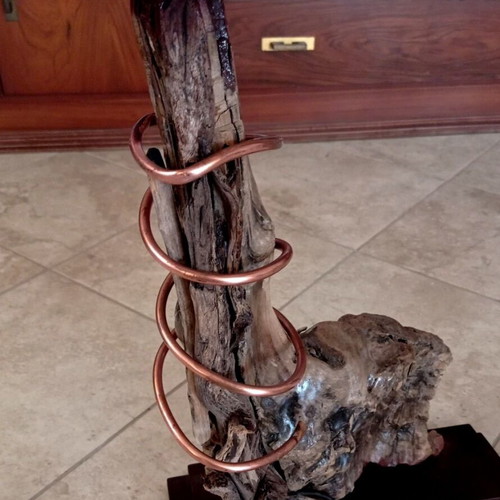 Handmade Driftwood Table Lamp with Copper Spiral and New Lampshade