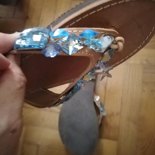 Handmade women's sandals like new, genuine leather, beige with blue stones, size 40-41