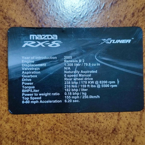Rx8 Mazda Specifications Rotary Card used, credit card size