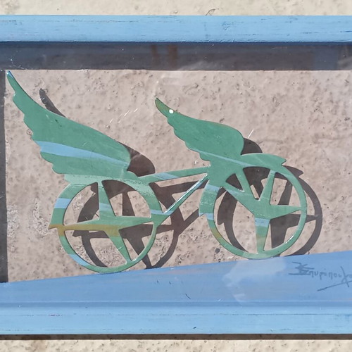 Artwork Flying Bicycle by Kostas Spyropoulos in blue wooden frame