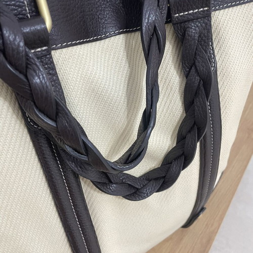 Massimo Dutti leather and cotton tote bag, dark brown and ecru