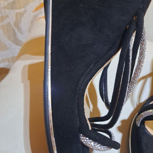 Platform sandals with black and silver laces with strass, new