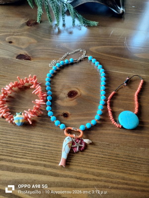 Jewelry set with handmade bracelet in turquoise and orange
