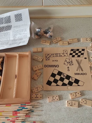 Wooden board game set like new, chess, checkers, domino, mikado