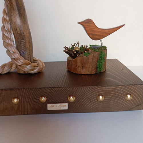 Handmade table lamp with natural driftwood and burlap