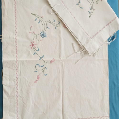 Handmade XL pillowcases pair 1m with floral embroidery and cross-stitch