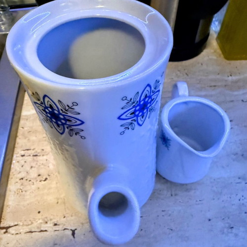 Vintage coffee/tea pot and creamer with blue floral design like new