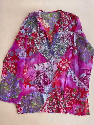 Tunic crepe fabric pink with embroidery and beads new