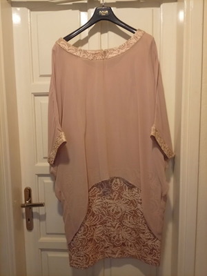 Forel 6XL / 52 / 24 beige and gold evening dress with lace and satin