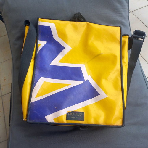 Shoulder bag used, large, yellow and purple, vintage style