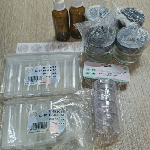 Jars and lip balm cases with stickers, new set