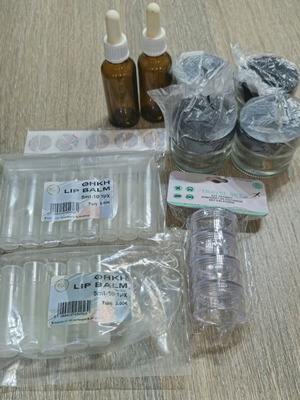 Jars and lip balm cases with stickers, new set