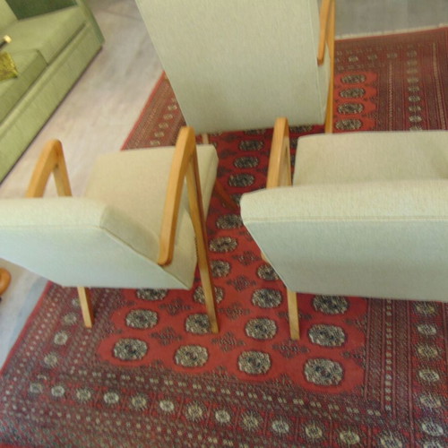 Vintage Danish armchair and 2 chairs with side table, fully refurbished