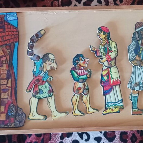 Karagiozis Shadow Puppet Figures Set like new on Wooden Frame