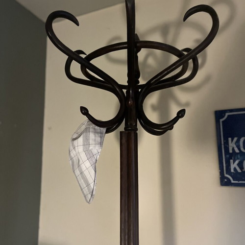 Vintage Thonet wooden coat stand used with umbrella base