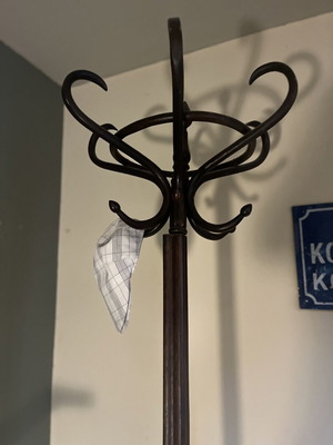 Vintage Thonet wooden coat stand used with umbrella base