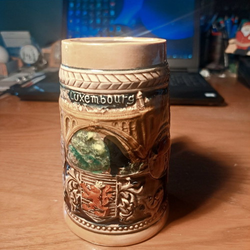 Vintage ceramic beer mug with embossed Luxembourg scenes, like new