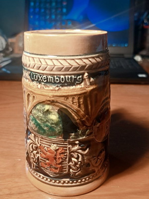 Vintage ceramic beer mug with embossed Luxembourg scenes, like new