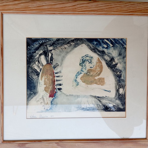Early artwork by Neveli Massia, lithograph, framed