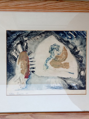 Early artwork by Neveli Massia, lithograph, framed