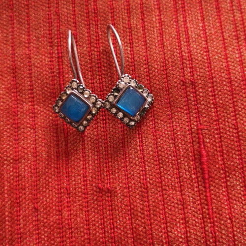 Vintage silver earrings with blue stone and rhinestones, used
