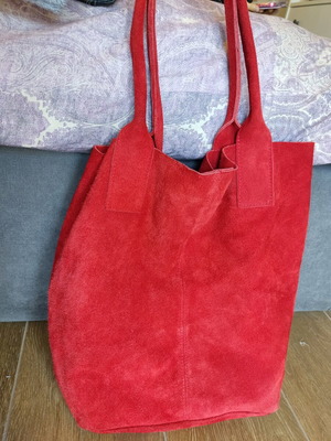 Red suede leather tote bag with tassel fringe, shoulder style