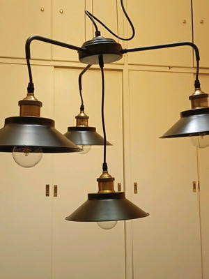 Industrial ceiling light four-lamp like new, black with gold details
