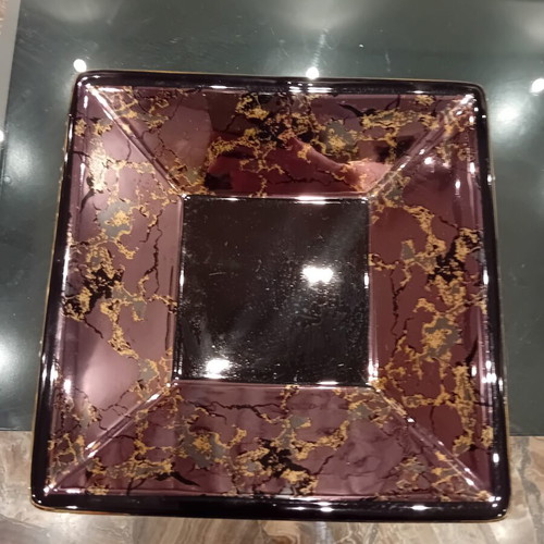 Glass embossed serving platter used, square with damask and gold details