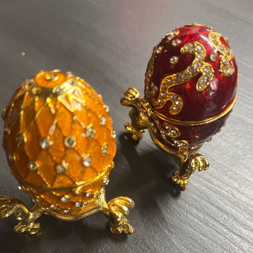 Set of 2 decorative enamel and strass egg jewelry boxes like new