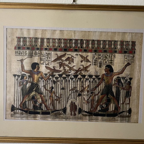Handmade painting on Egyptian papyrus with frame used