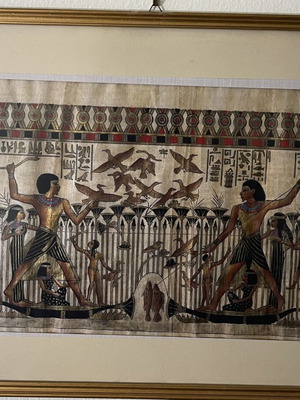 Handmade painting on Egyptian papyrus with frame used