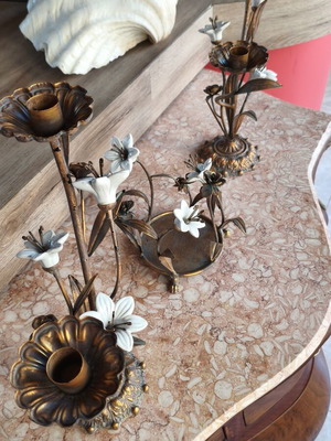 Metal candlesticks set of 3 with porcelain decorative, like new