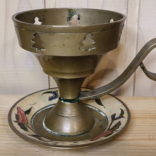 Candle Holder Incense Burner vintage solid brass with hand-painted design