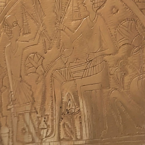 Bronze tray used with Egyptian designs and folding wooden stand