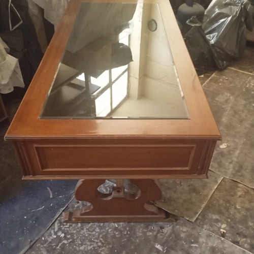 Wooden desk vintage with glass top and 5 drawers