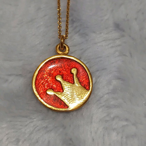 Silver Necklace 925 Yellow Gold Plated with Red Enamel and Crown New