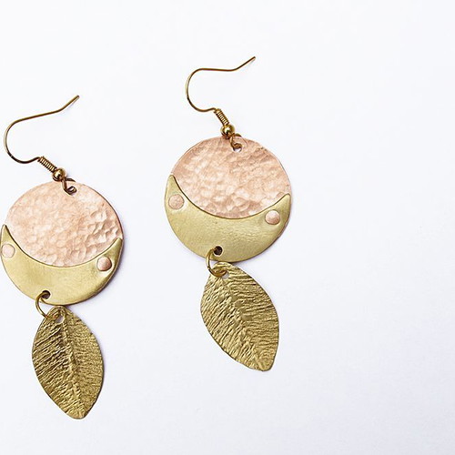 Moon Leaf Earrings New Handmade Brass and Copper