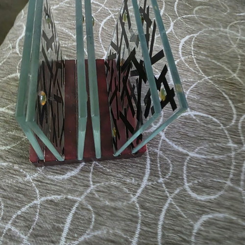 Glass coasters with beautiful designs on wooden base like new