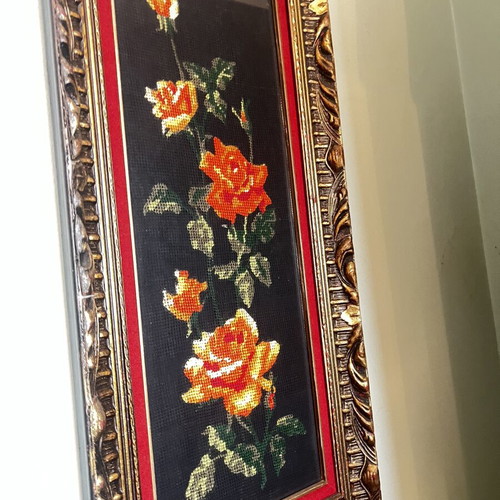 Vintage long wall frame with handmade embroidered roses