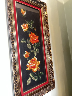 Vintage long wall frame with handmade embroidered roses
