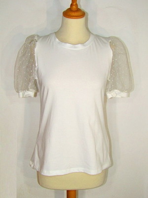 Blouse with puffed sleeves size S new, white, cotton, polka dot tulle