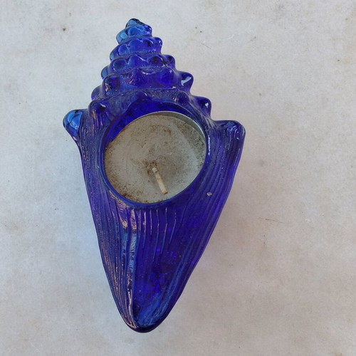 Glass blue shell candlestick new