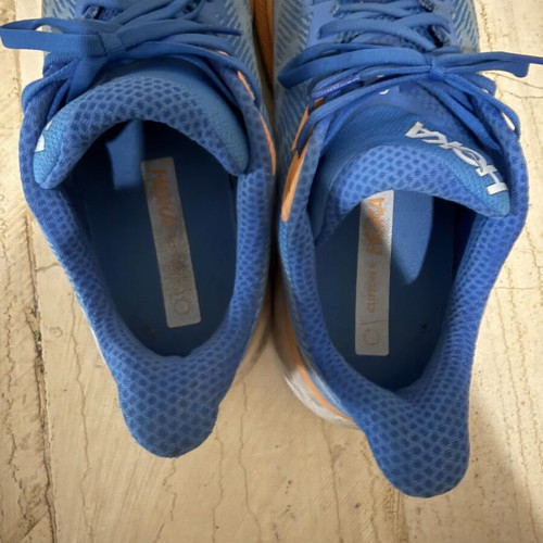 Hoka Clifton 9 running shoes used, size 46 2/3 EU, blue/orange