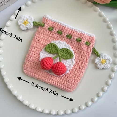 Crochet pouch handmade with cherries and flowers new