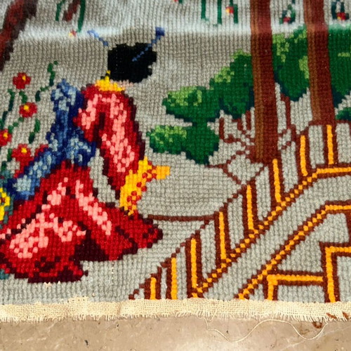 Vintage Handmade Gobelin Embroidery (50x55 cm) – Geisha & Pagoda